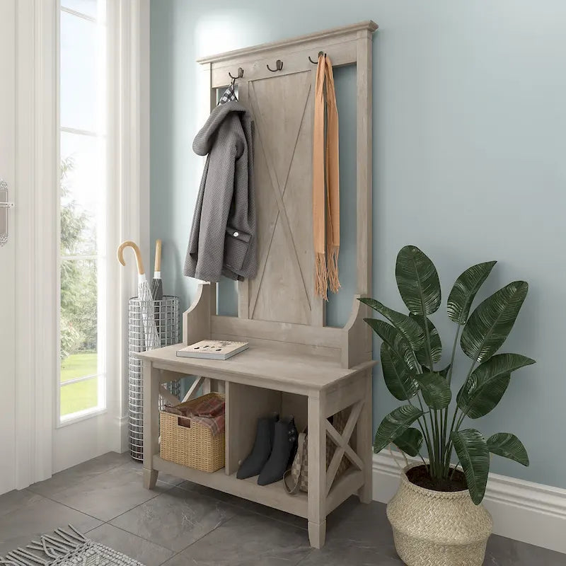 Porte-manteau d'entrée, banc avec meuble à chaussures
