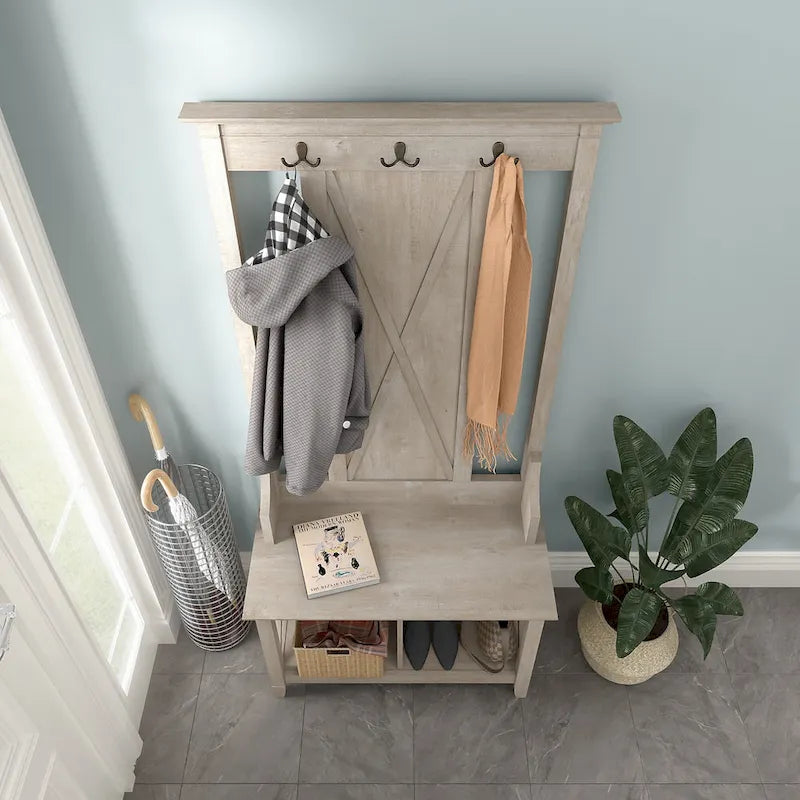 Porte-manteau d'entrée, banc avec meuble à chaussures