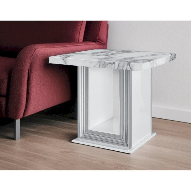 Table d'appoint piédestal en faux marbre blanc et argenté et bois