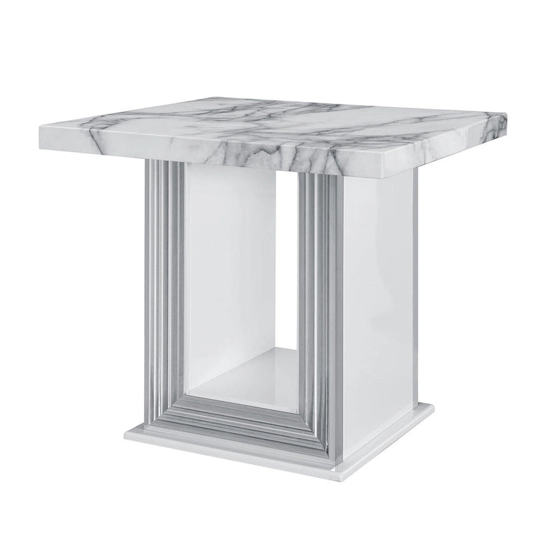 Table d'appoint piédestal en faux marbre blanc et argenté et bois