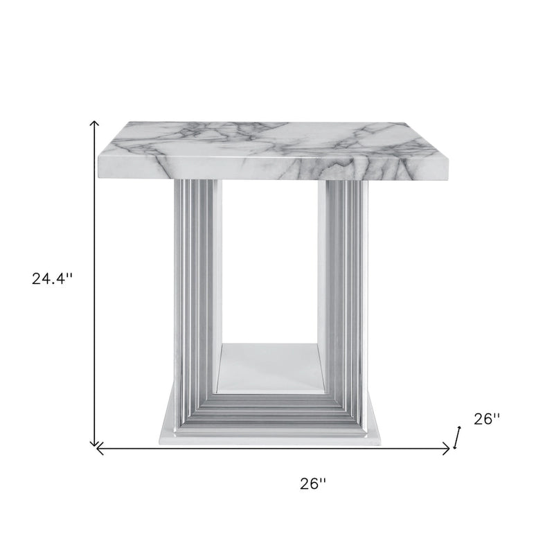 Table d'appoint piédestal en faux marbre blanc et argenté et bois