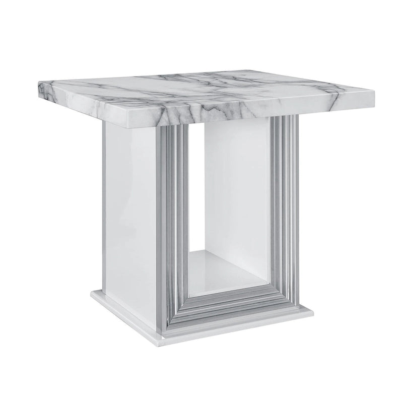 Table d'appoint piédestal en faux marbre blanc et argenté et bois