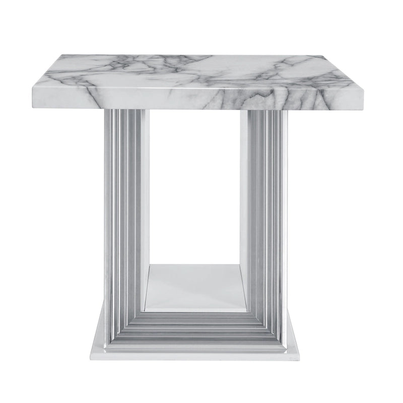 Table d'appoint piédestal en faux marbre blanc et argenté et bois