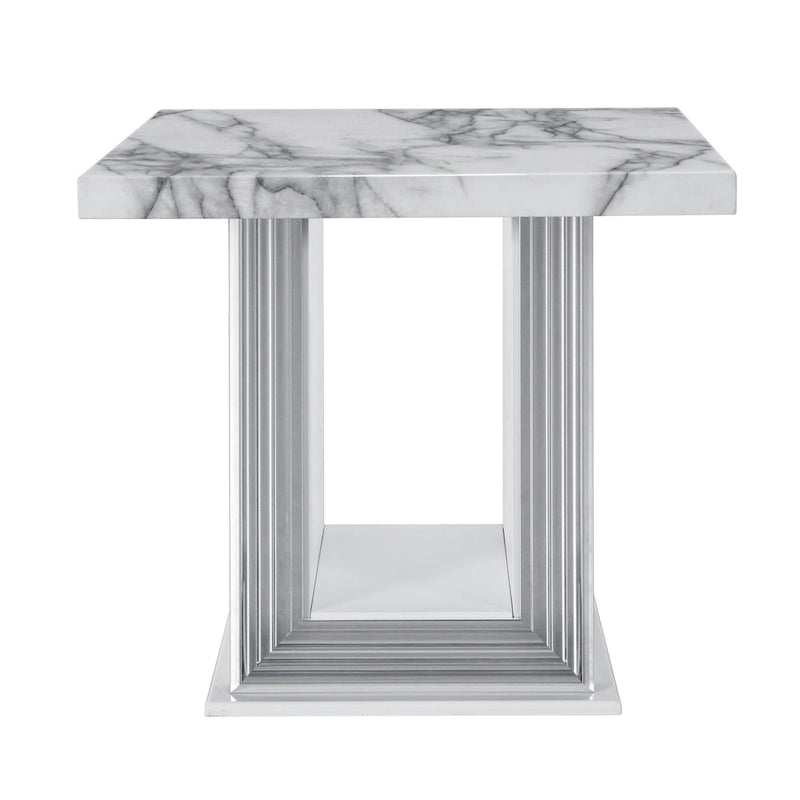 Table d'appoint piédestal en faux marbre blanc et argenté et bois