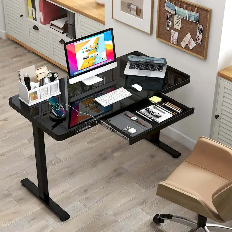 Bureau debout en verre avec tiroirs