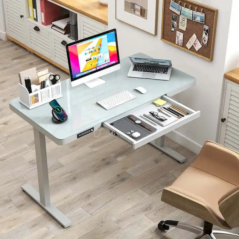 Bureau debout en verre avec tiroirs