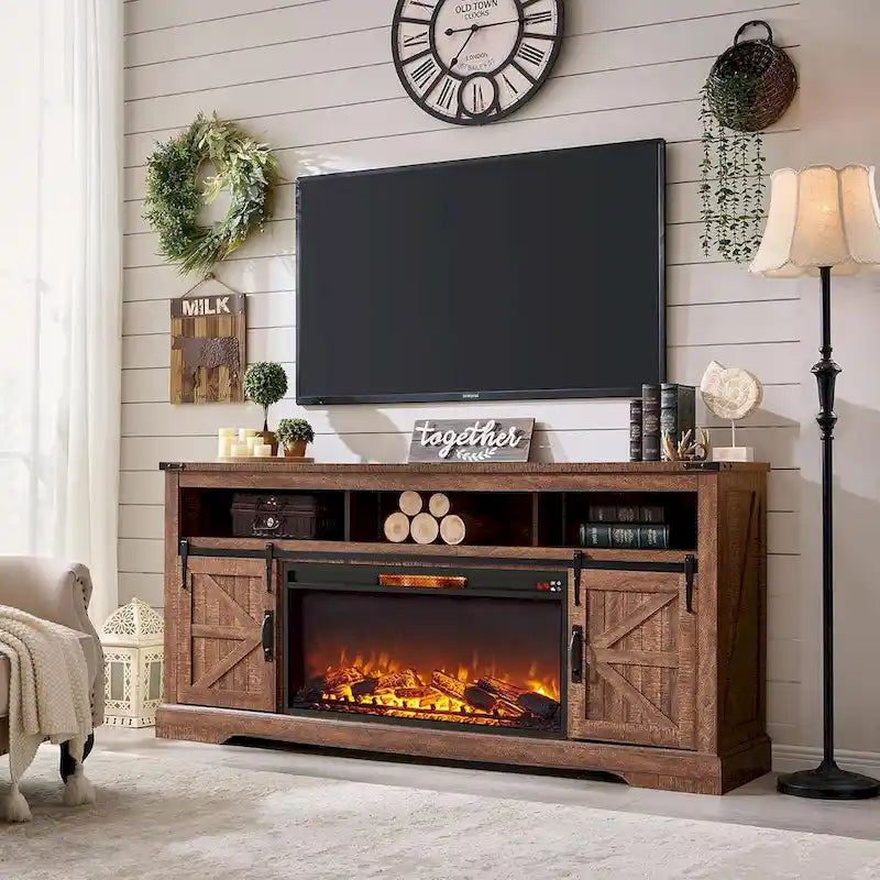 Meuble TV de cheminée de ferme pour téléviseur de 80 pouces