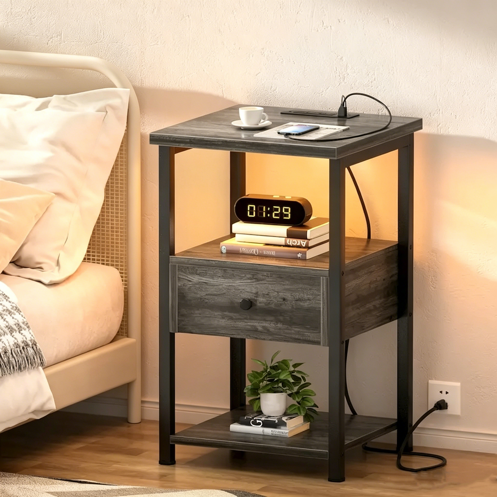 Table de chevet avec tiroirs et station de recharge