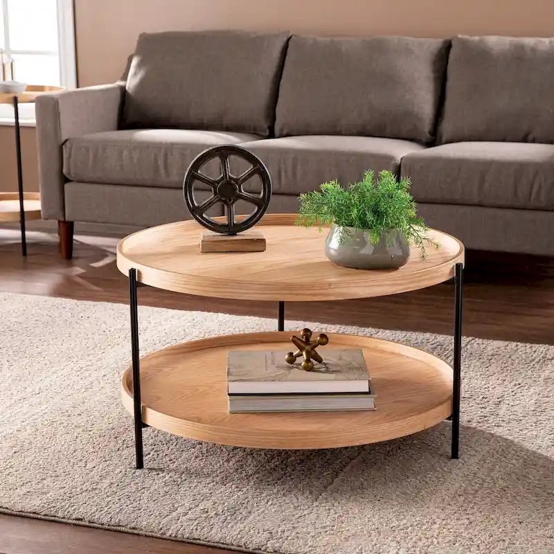 Table basse Century Modern à deux niveaux en grain de bois rond