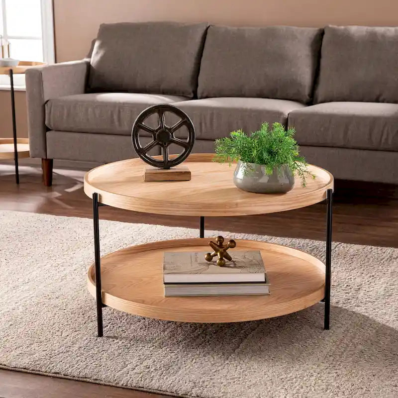 Table basse Century Modern à deux niveaux en grain de bois rond