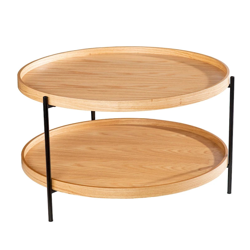 Table basse Century Modern à deux niveaux en grain de bois rond