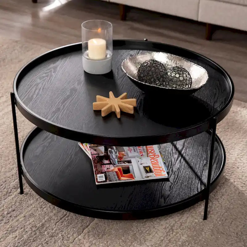Table basse Century Modern à deux niveaux en grain de bois rond