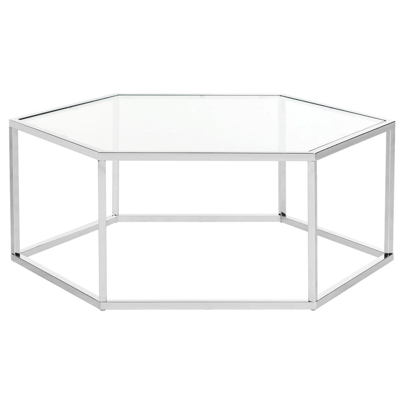 Table basse hexagonale en verre chromé