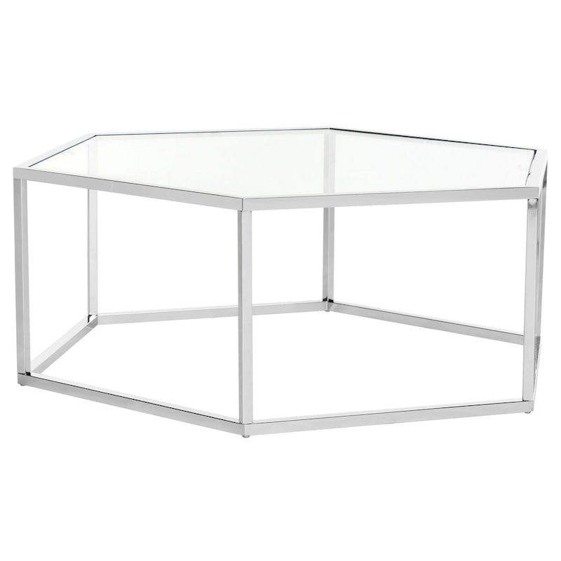Table basse hexagonale en verre chromé