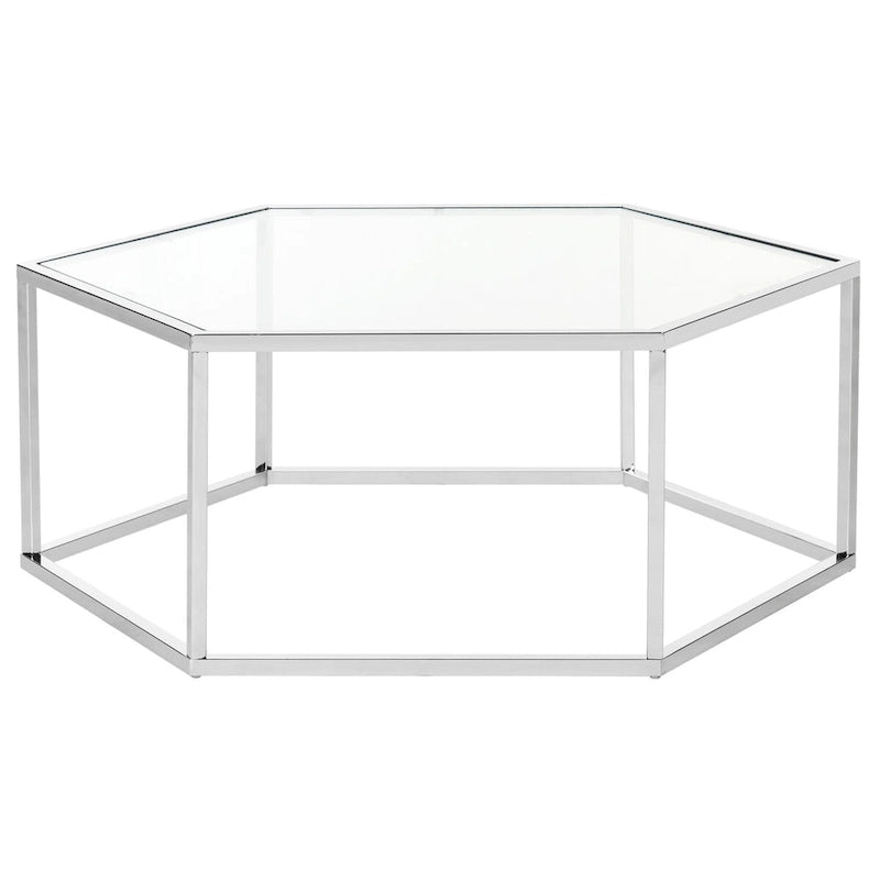 Table basse hexagonale en verre chromé