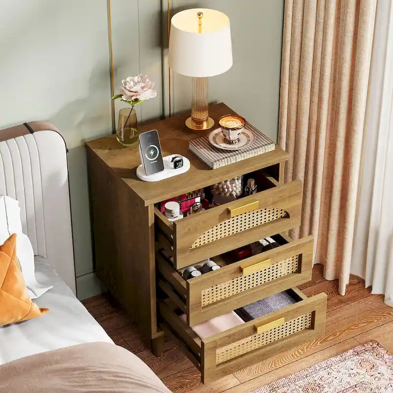 Table de chevet en bois/rotin