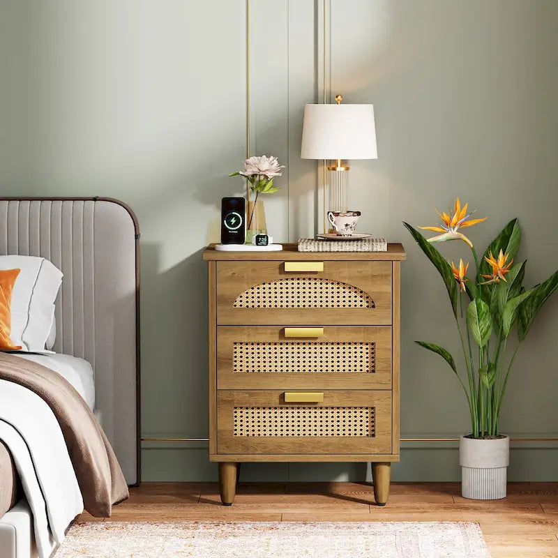 Table de chevet en bois/rotin