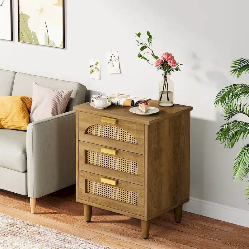 Table de chevet en bois/rotin