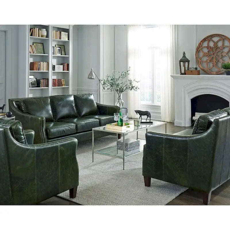 Canapé, causeuse et fauteuil en cuir pleine fleur vert